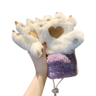 手套女冬季毛绒加厚保暖挂脖骑行连指手套可爱毛茸茸熊掌网红猫爪