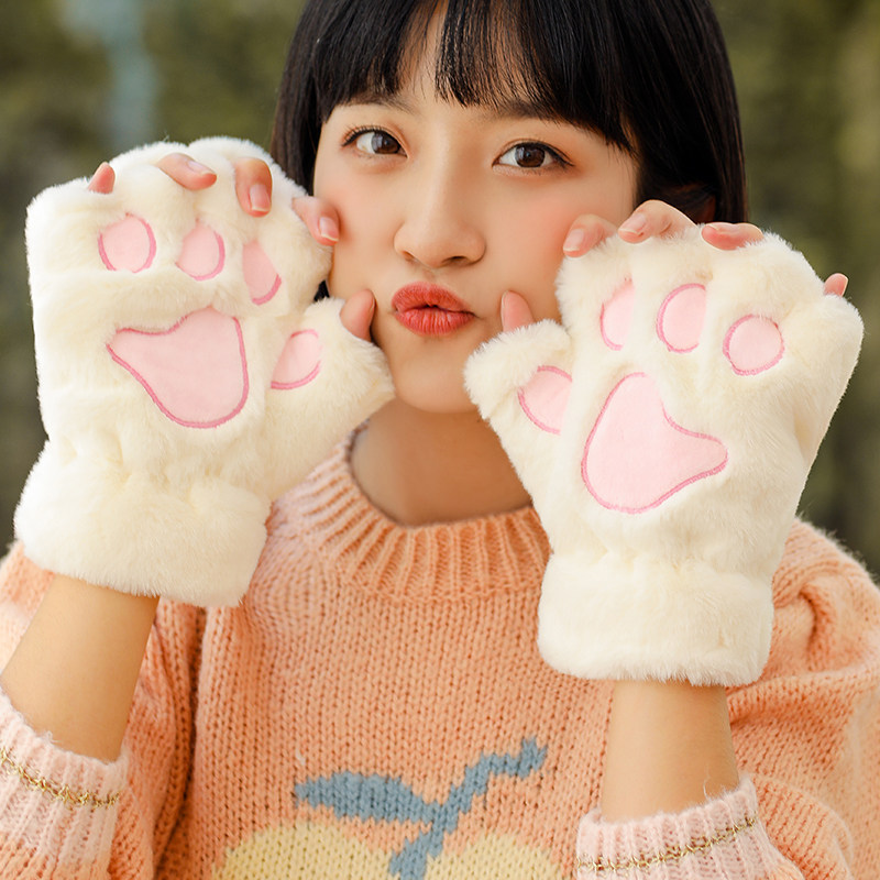 겨울 한국식 귀여운 봉제 학생 겨울 ??플러스 벨벳 두꺼운 따뜻한 노출 다섯 손가락 장갑 여성용 반 손가락 고양이 발톱 장갑
