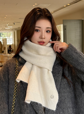 白色围巾女秋冬新款韩版ins美拉德百搭加厚保暖防寒护颈针织围脖