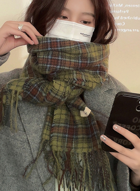 高级感2022新款复古绿色格子围巾女冬季韩版百搭学生情侣保暖围脖