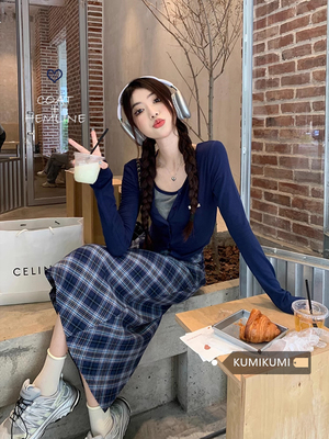 taobao agent Knitted autumn bra top, plaid pleated skirt, long skirt, American style