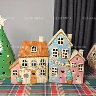 出口丹麦荷兰中古陶瓷小屋复古花园房子别墅微缩建筑摆件烛台