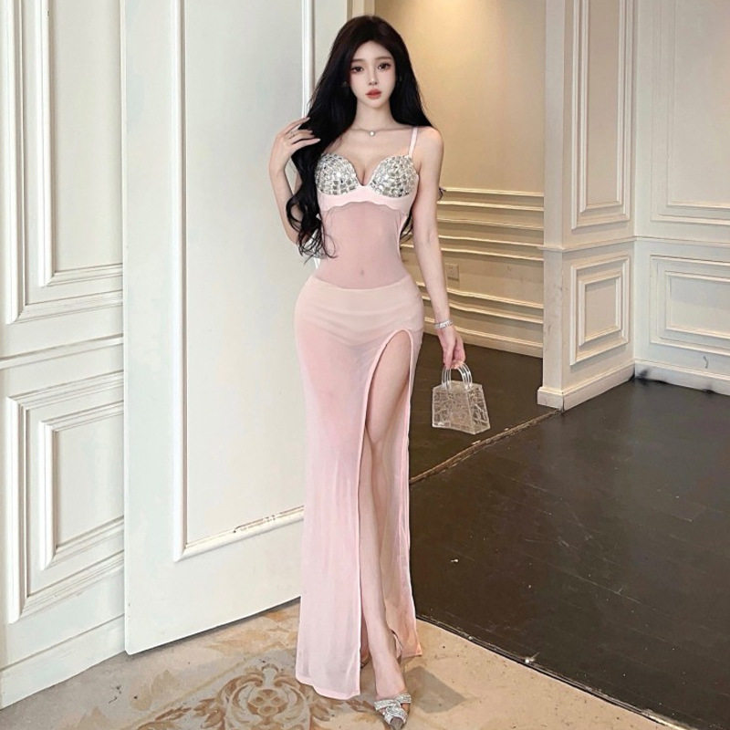 欧美东南亚外贸2025名媛性感V领聚拢开叉长款夜场透视露背连衣裙
