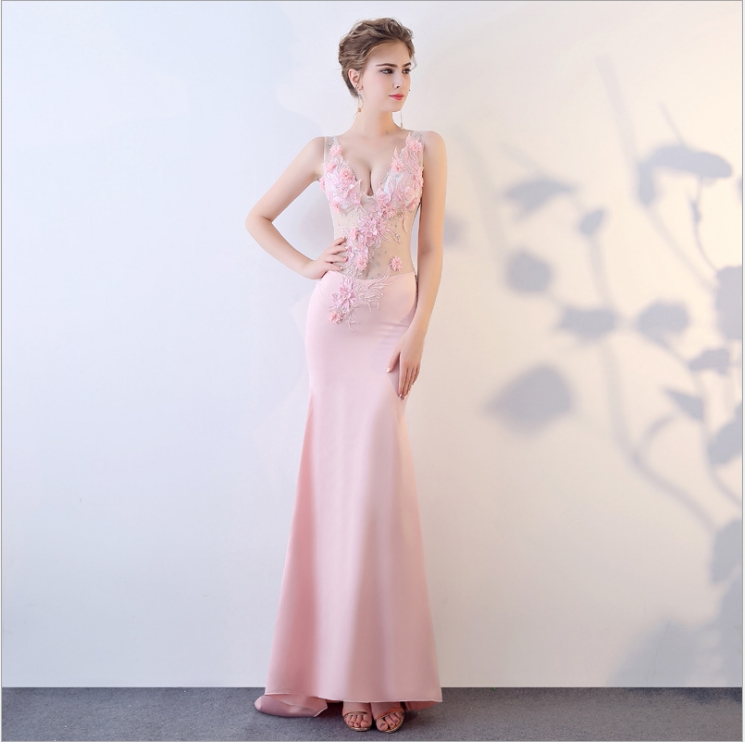 桑拿工服透视长裙性感蕾丝绣花礼服晚装修身深v领长款会所ktv工衣