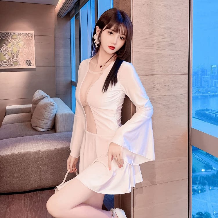 技师工作服足疗白色减龄性感网纱拼接透肉连衣裙蹦迪女装桑拿工服