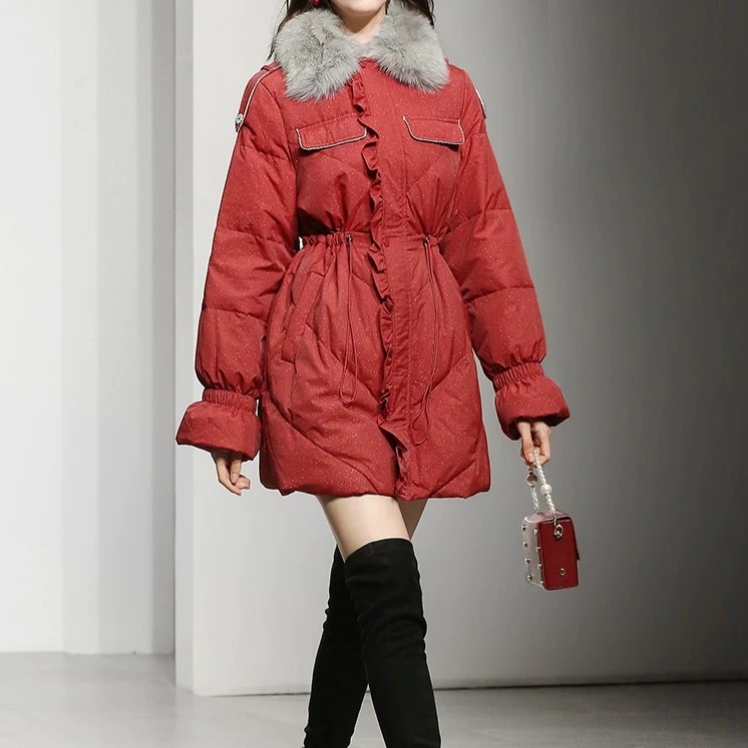 毛领羽绒服女中长款收腰显瘦保暖外套冬时尚红色白鸭绒加厚大衣潮