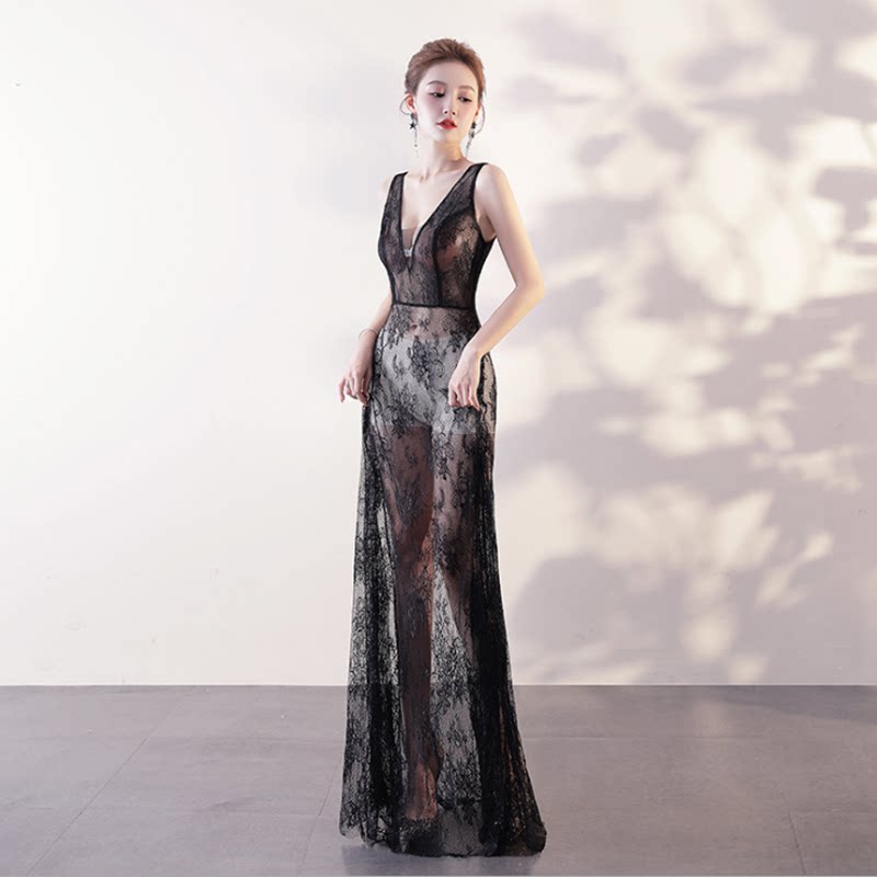 性感蕾丝微透镂空深v长裙夜场ktv小姐桑拿技师工作服礼服女无袖