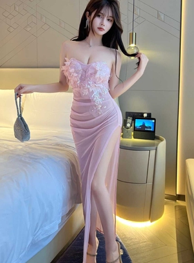 网纱工作服透视长裙包臀夜场气质桑拿晚礼服修身抹胸缝花钻连衣裙