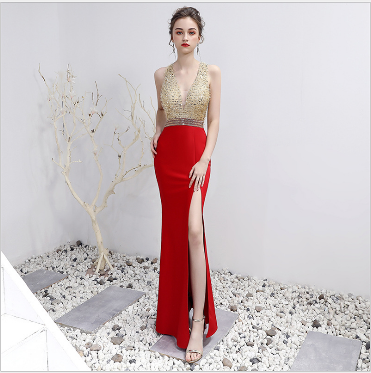 夜总会佳丽公关小姐服亮片2021春季长款深v领ktv性感开叉晚礼服裙