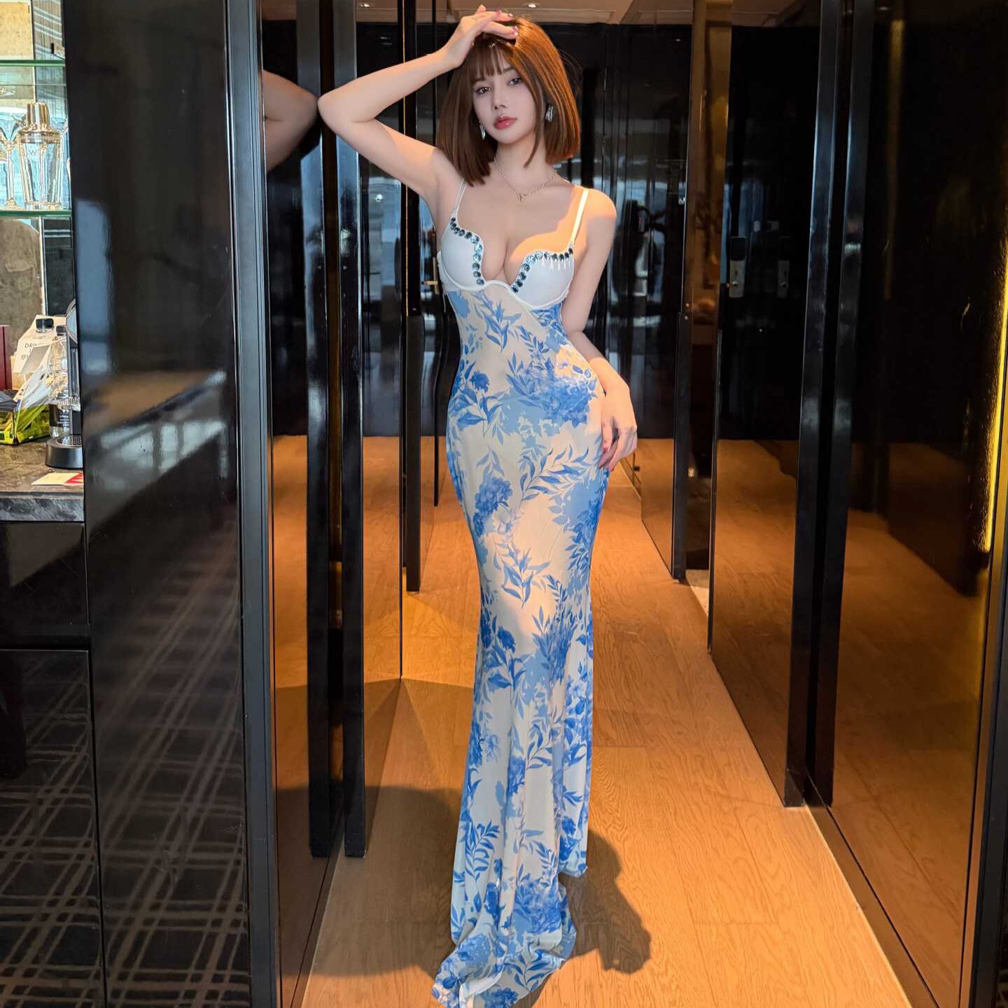 夸奖会所鱼尾长裙青花瓷网纱弹力带内衣礼服裙夜场性感连衣裙女
