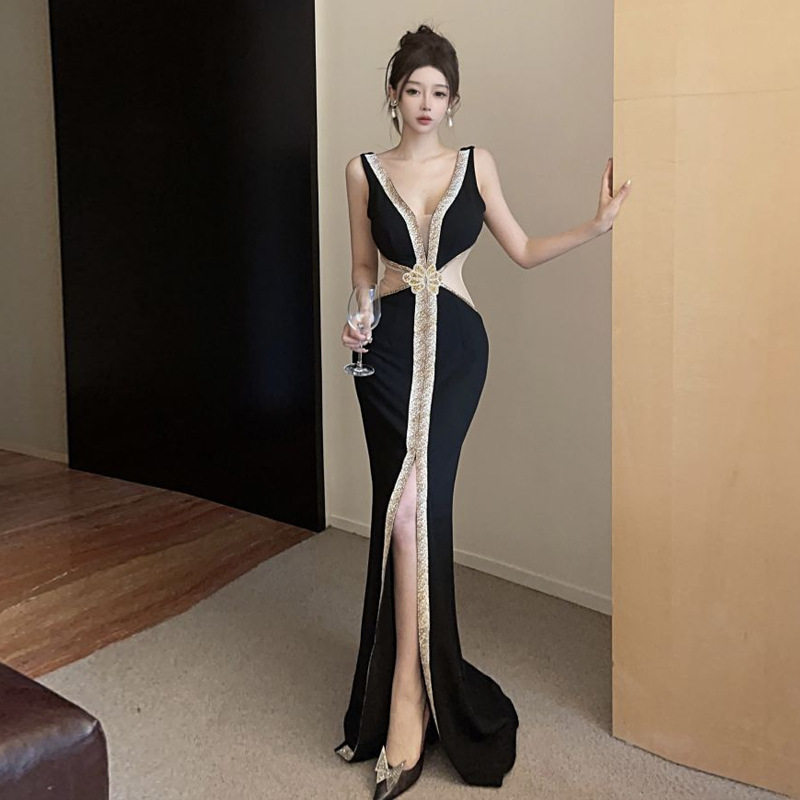 欧美东南亚外贸2026欧美气质镂空性感包臀连衣裙深v镶钻露背长裙