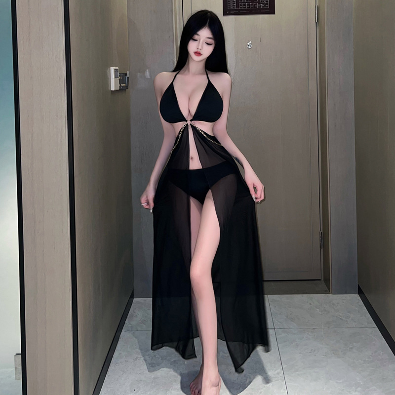 气质名媛性感V领带胸垫挂脖露背礼服连衣裙透视网纱免脱睡裙长裙
