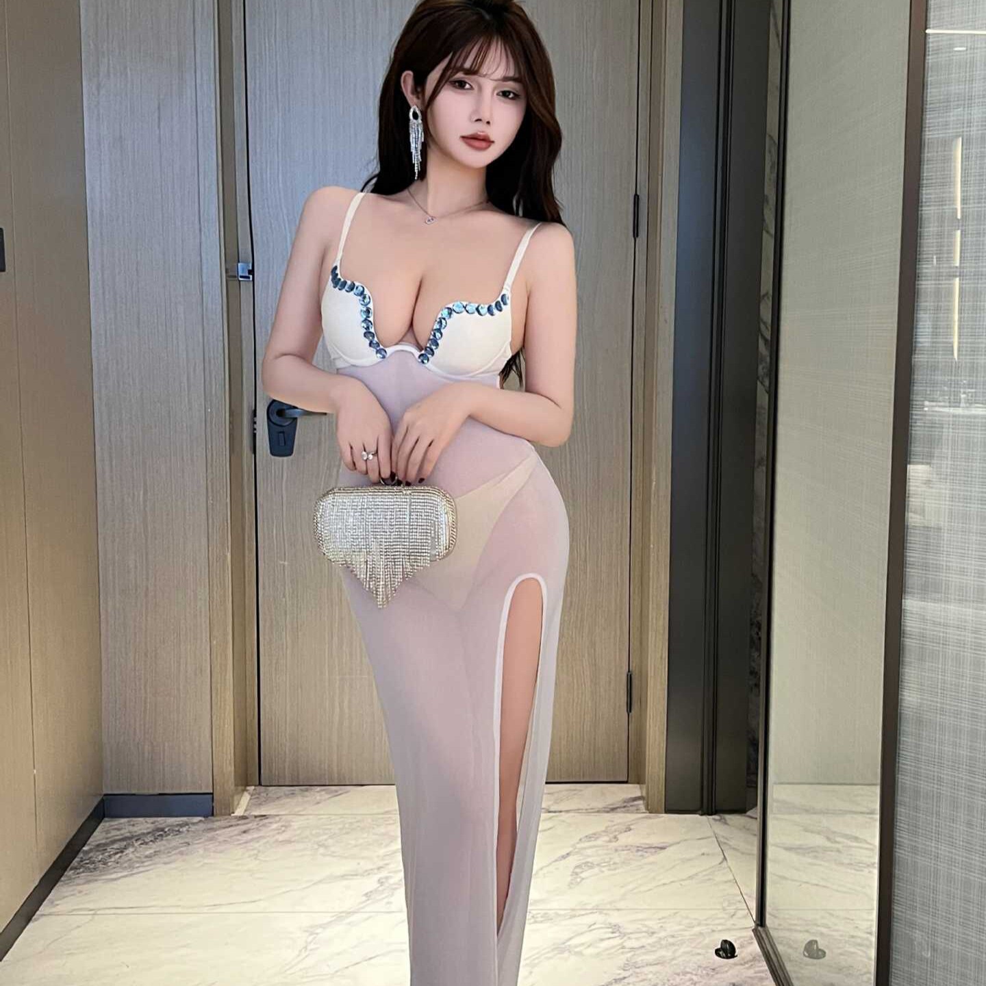 夜店性感透视长裙低胸露背桑拿技师连衣裙白色网纱镶钻开叉长裙女