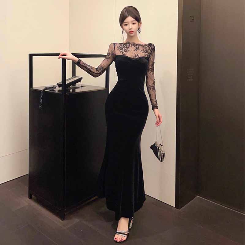 夜店性感连衣裙2026新款蕾丝拼接长袖鱼尾长裙夜总会小姐ktv美容