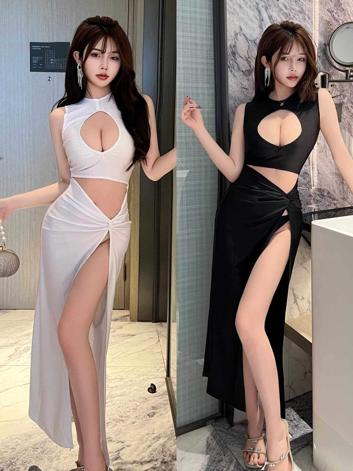 夜店性感连衣裙夜场镂空露胸露腰高开叉修身显瘦包臀技师无袖长裙