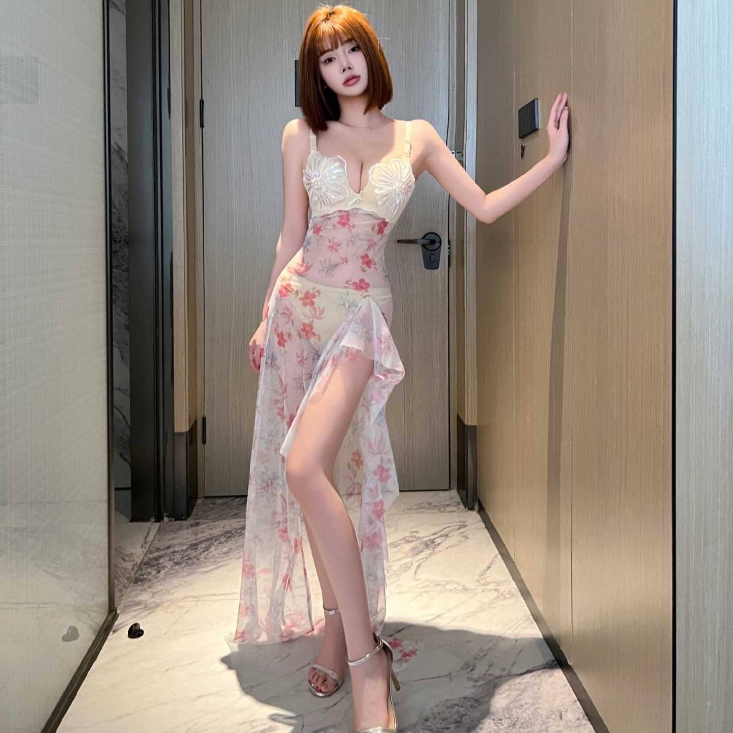 夜场小姐透视连衣裙深V吊带桑拿技师网纱印花礼服开叉荷叶边长裙