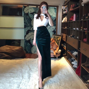 夜场性感深V低胸长裙车模晚宴礼服公主镂空包臀开叉旗袍连衣裙