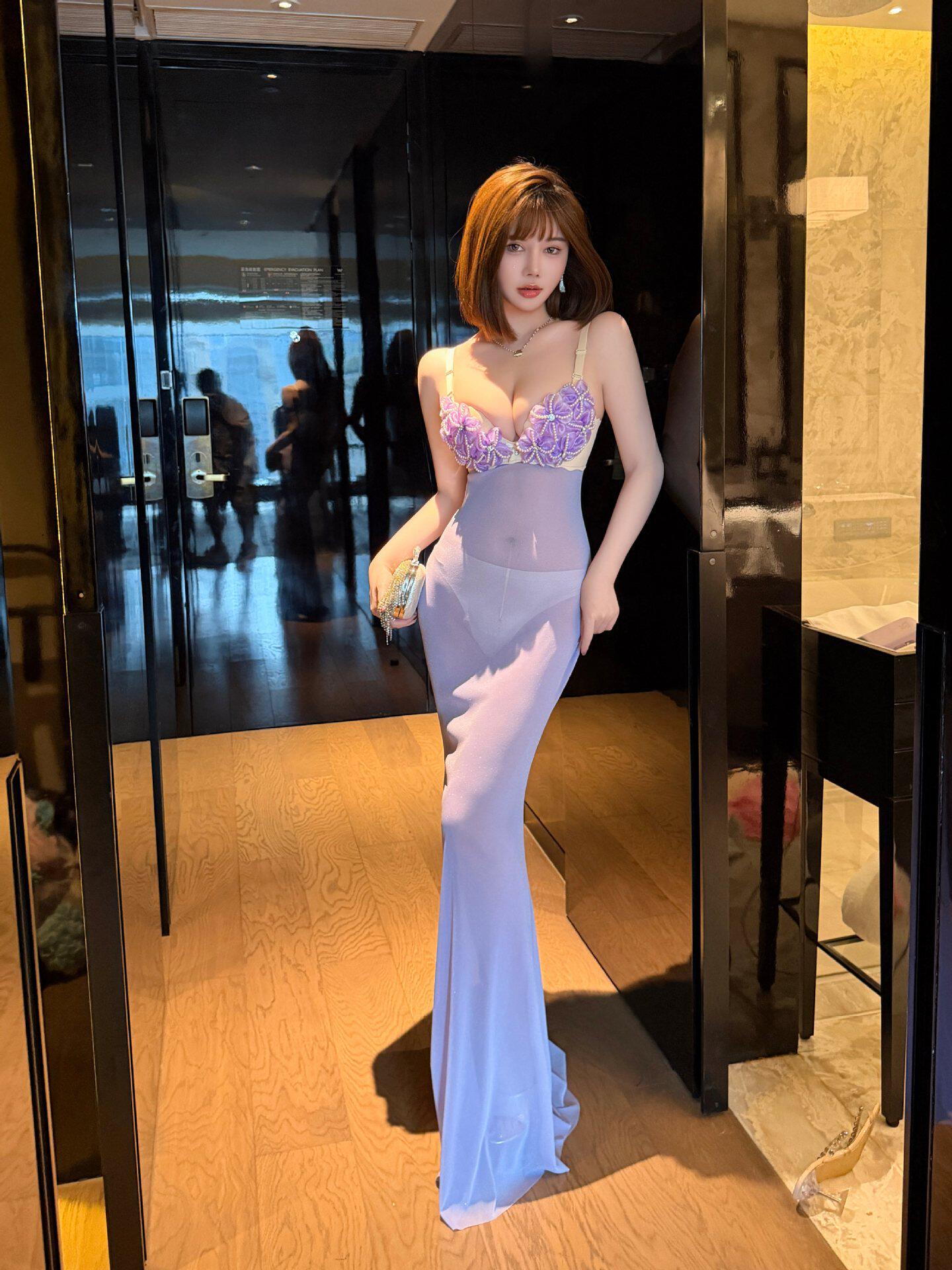 夜店欧美纯欲火辣夜场性感透视吊带鱼尾手工烫花深V连衣裙大集合