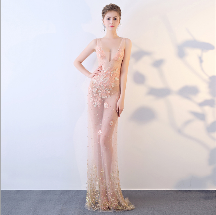 透肉连衣裙性感透视礼服晚装蕾丝手工定制修身深V领镂空长款车展