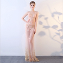 车展 深V领镂空长款 透肉连衣裙性感透视礼服晚装 蕾丝手工定制修身