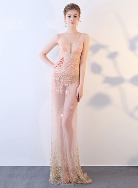 透肉连衣裙性感透视礼服晚装蕾丝手工定制修身深V领镂空长款车展