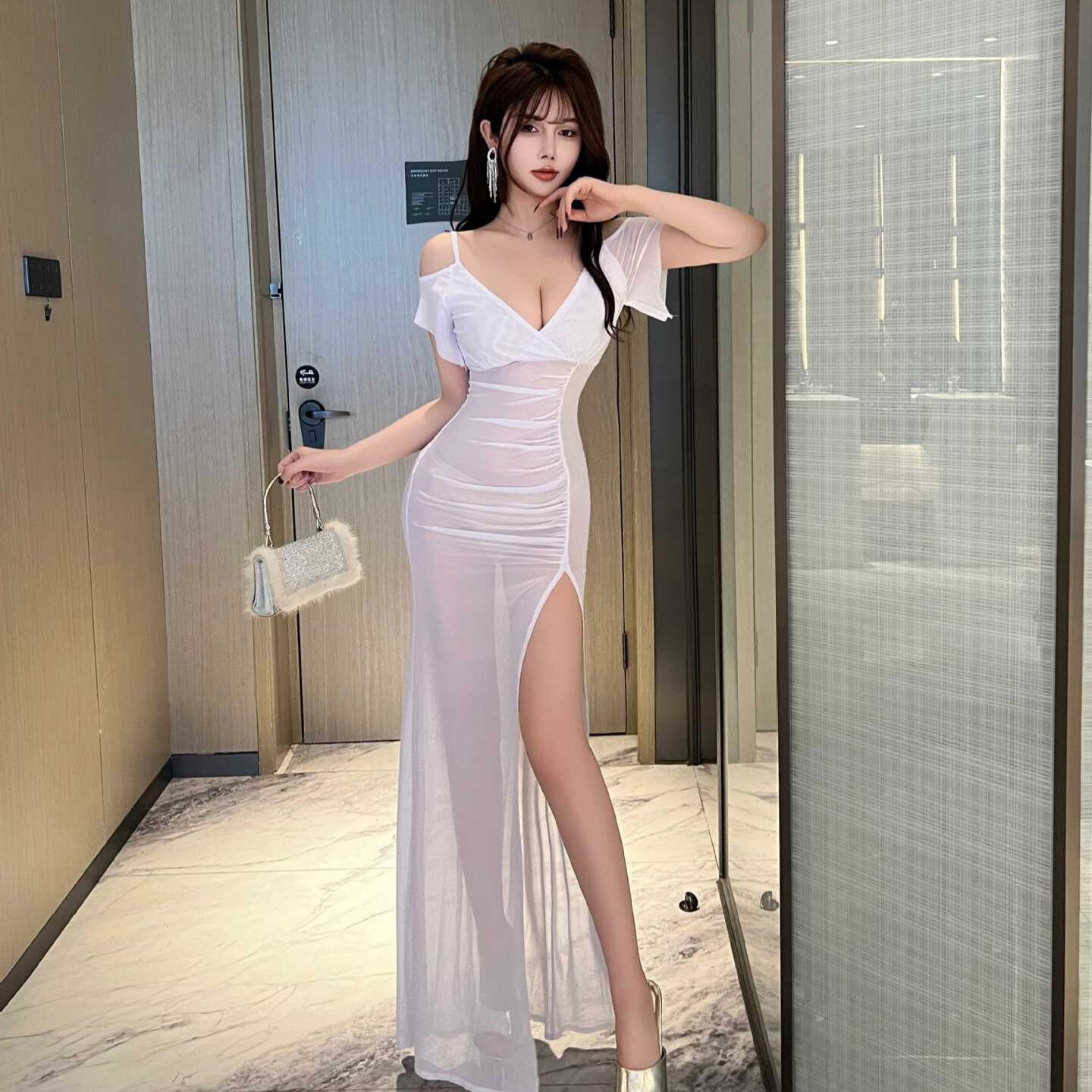 夜店性感露肩连衣裙夜场技师透视修身包臀长裙夜总会开叉小礼服女
