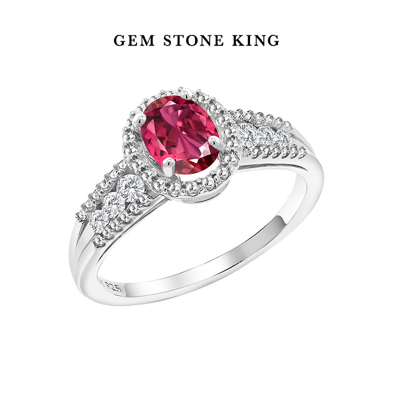 GSK 镶0.88克拉粉色碧玺锆石戒指925银时尚经典彩色宝石女戒