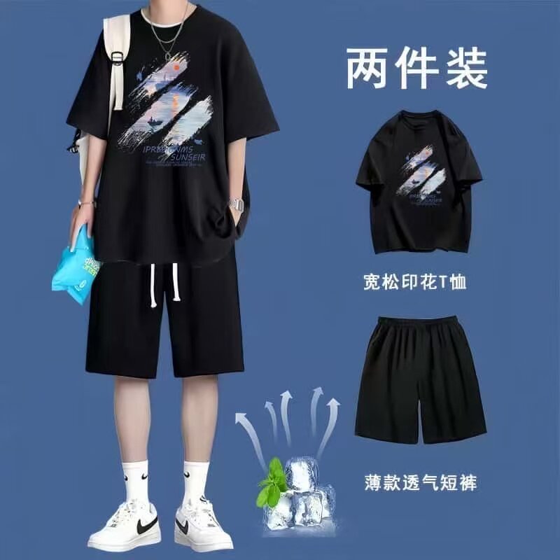 夏季套装男韩版潮流ins休闲冰丝短袖t恤男整套运动学生五分裤短裤