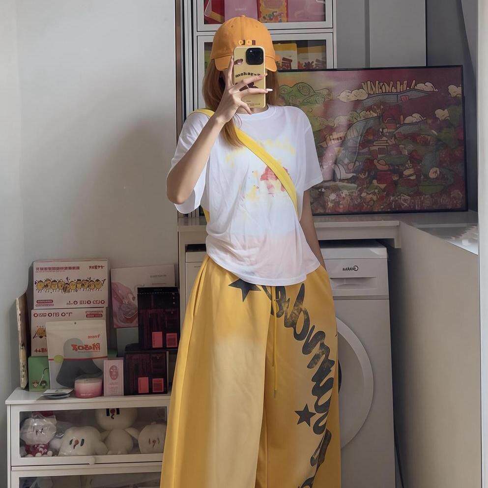 慵懒风星星字母印花黄色弯刀卫裤休闲裤