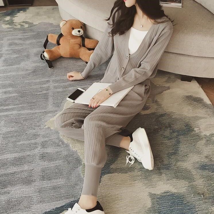 加肥加大码女秋冬季新款时尚气质套装开衫外套针织休闲运动两件套