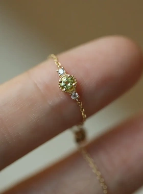 小茉莉~S925银镀14K金橄榄锆石链条可调节软戒指女日系小众设计感