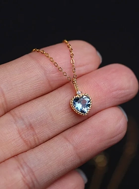 S925纯银镀金项链女 心形海蓝锆石简约高级感吊坠锁骨链女