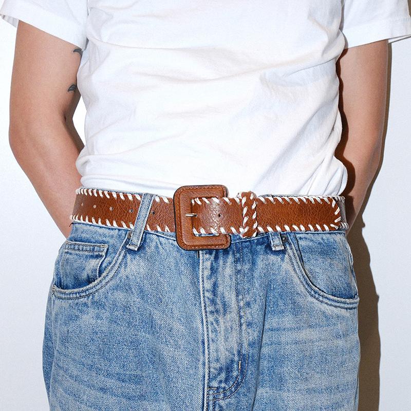 新款棕色缝线宽扣头百搭简约腰带