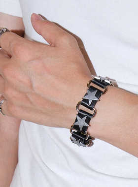 星星做旧铆钉真皮环扣手链破碎感嘻哈朋克摇滚情侣男女手环配饰