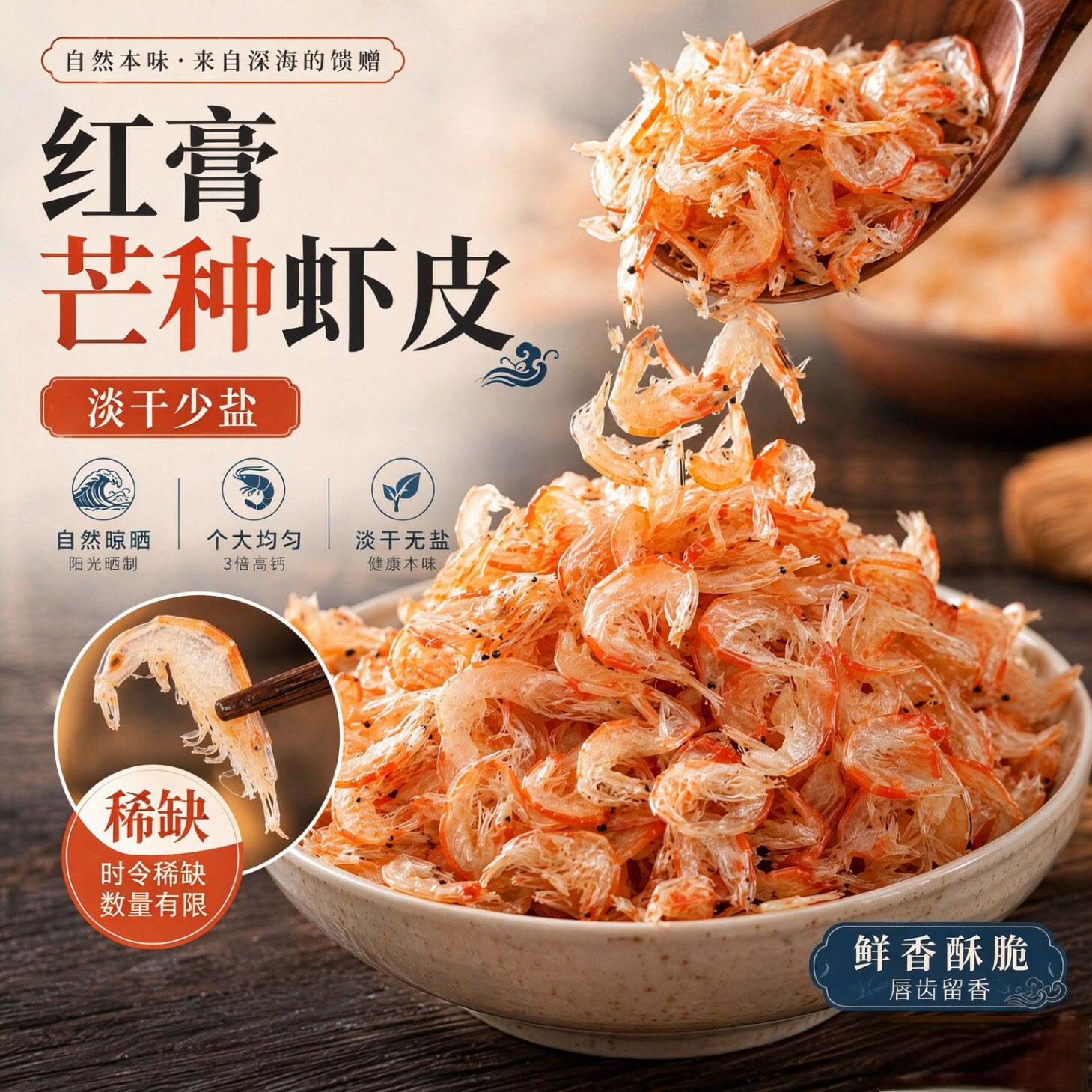 野生芒种红膏虾皮特级无盐淡干特大虾皮优级宝宝即食海鲜零食虾米