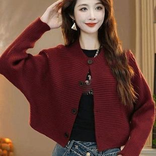 红色短款针织开衫女宽松蝙蝠袖毛衣外套小个子气质上衣女装长袖