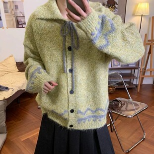 长袖女外套翻领毛衣外套女秋冬季加厚保暖宽松慵懒风针织开衫