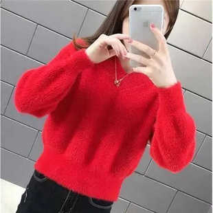 仿水貂绒短款小个子红色毛衣女春秋冬新款针织打底衫V领修身上衣