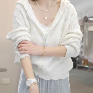 白色镂空连帽针织开衫女春季百搭防晒外套拉链长袖宽松型防紫外线