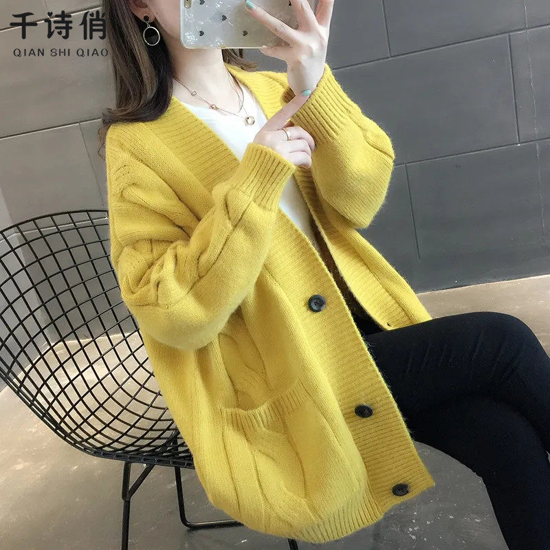 2025春秋新款慵懒风V领中长款麻花针织衫宽松女开衫毛衣上衣百搭