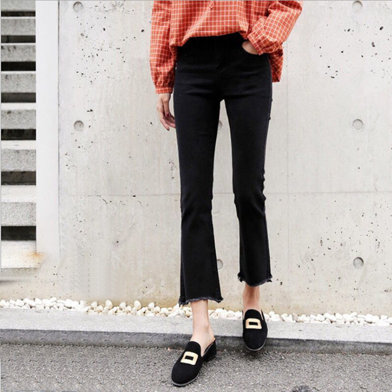 2020春秋新款黑色高腰宽松微喇九分弹力显瘦百搭小个子八分牛仔裤