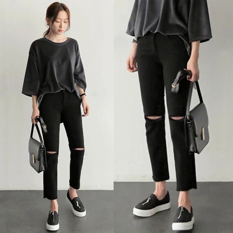 破洞小个子八分直筒宽松牛仔裤女春夏季九分2020新款显瘦百搭薄款