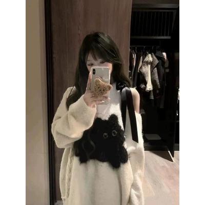 奶fufu露肩小猫毛衣女2024秋冬小众设计感宽松慵懒风针织衫上衣潮