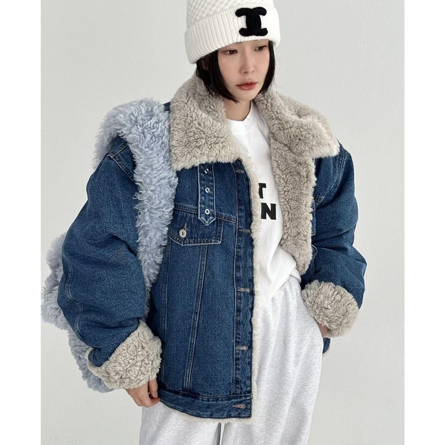 韩版设计感牛仔外套内羊羔毛拼接冬季新款保暖外套