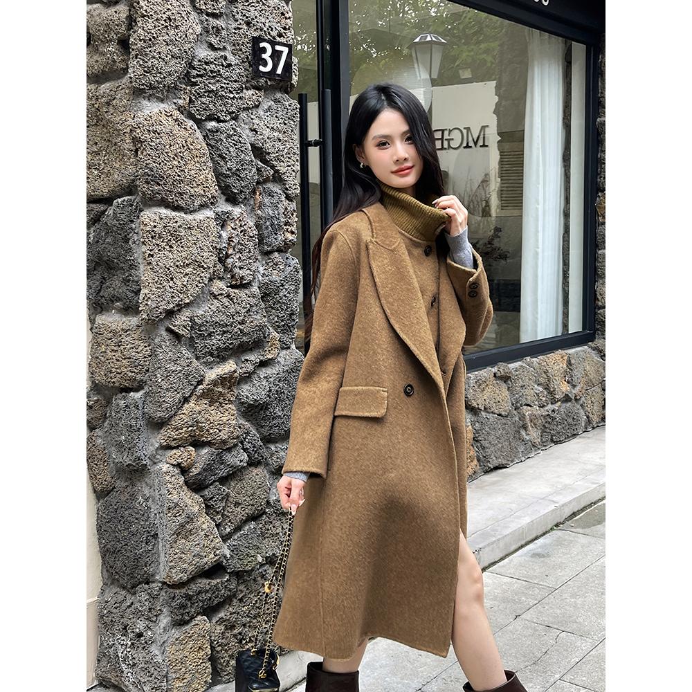 实拍网红韩系秋冬长款羊毛大衣/羊毛外套单排扣两件套内马甲外套
