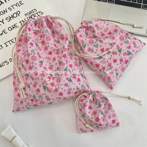 大号小碎花抽绳布袋小物品压花收纳袋旅行便携束口袋防尘环保袋