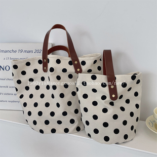 日韩法式手提小布包上班通勤手拎饭盒便当包简约复古波点水桶包