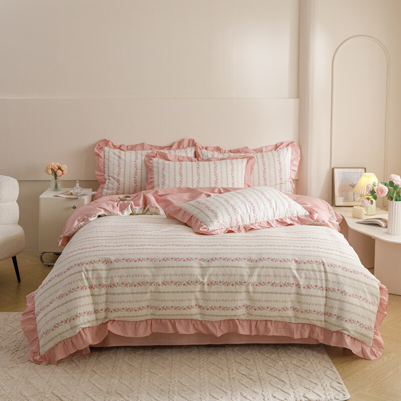韩式风四件套全棉纯棉被套碎花少女韩版花边公主风床上三件套4件
