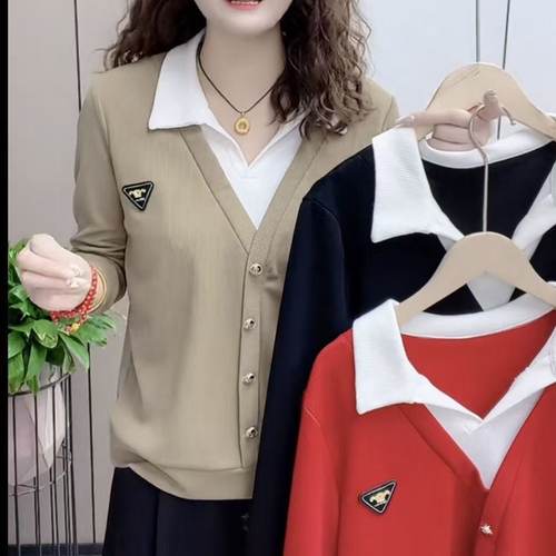 网红爆款春秋针织衬衫领拼接长袖上衣百搭时尚气质女假两件打底衫