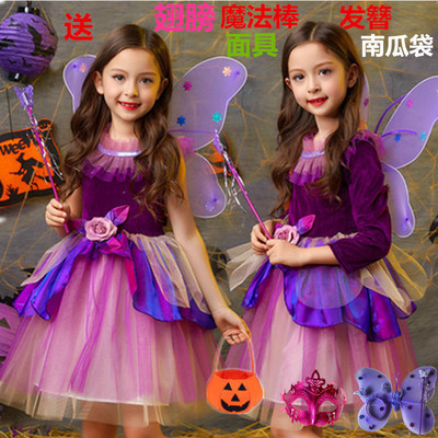 万圣节女童公主裙长袖女巫裙蝴蝶亲子装化妆舞会礼服小女孩精灵裙